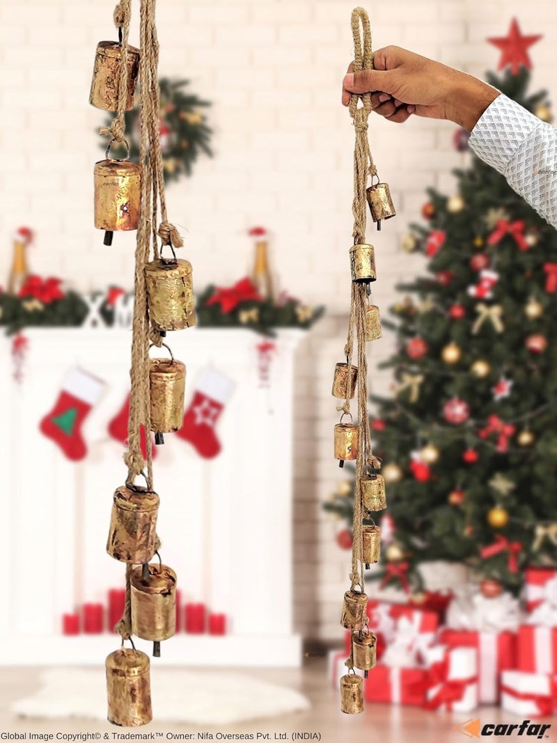 Carfar Shabby Chic Vintage Country Rustic Style Bells Cluster Hanging Handmade Metal Harmony Christmas Hanging Cow Bells on Jute Rope (1, Small Cylinder) - Image 2